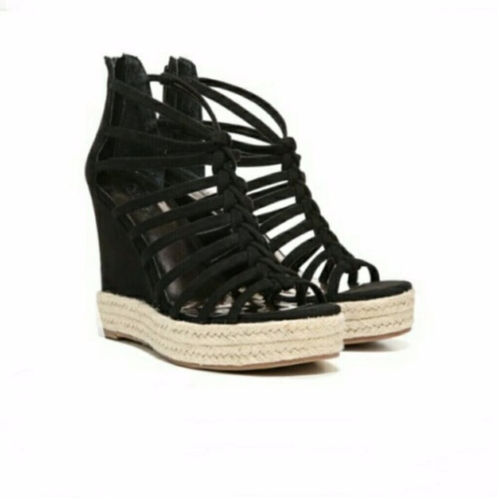 Carlos Santana Wedge Sandals Womens 9.5 Black Strappy Espadrille Gladiator
